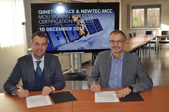 Thomas Van den Driessche, CEO, Newtec and Erik Masure, Managing Director, QinetiQ Space Belgium sign Thomas Van den Driessche, CEO, Newtec and Erik Masure, Managing Director, QinetiQ Space Belgium sign
